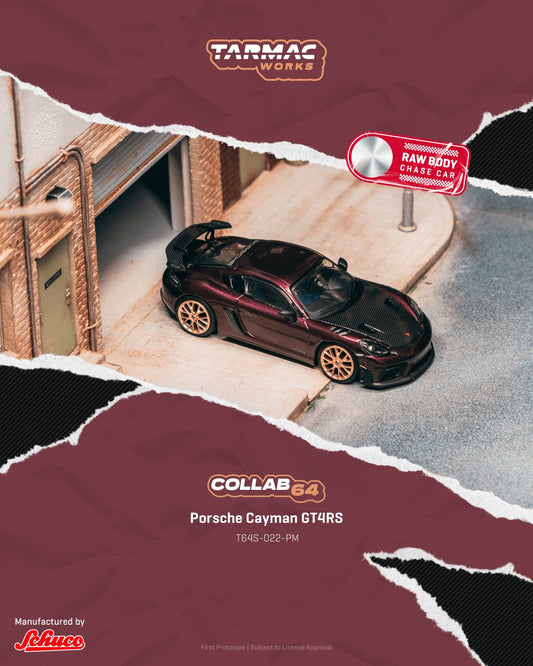 1:64 Tarmac Works Porsche Cayman GT4RS in Amethyst Metallic, highlighting the model’s sleek body lines, detailed front and rear, and sporty stance.