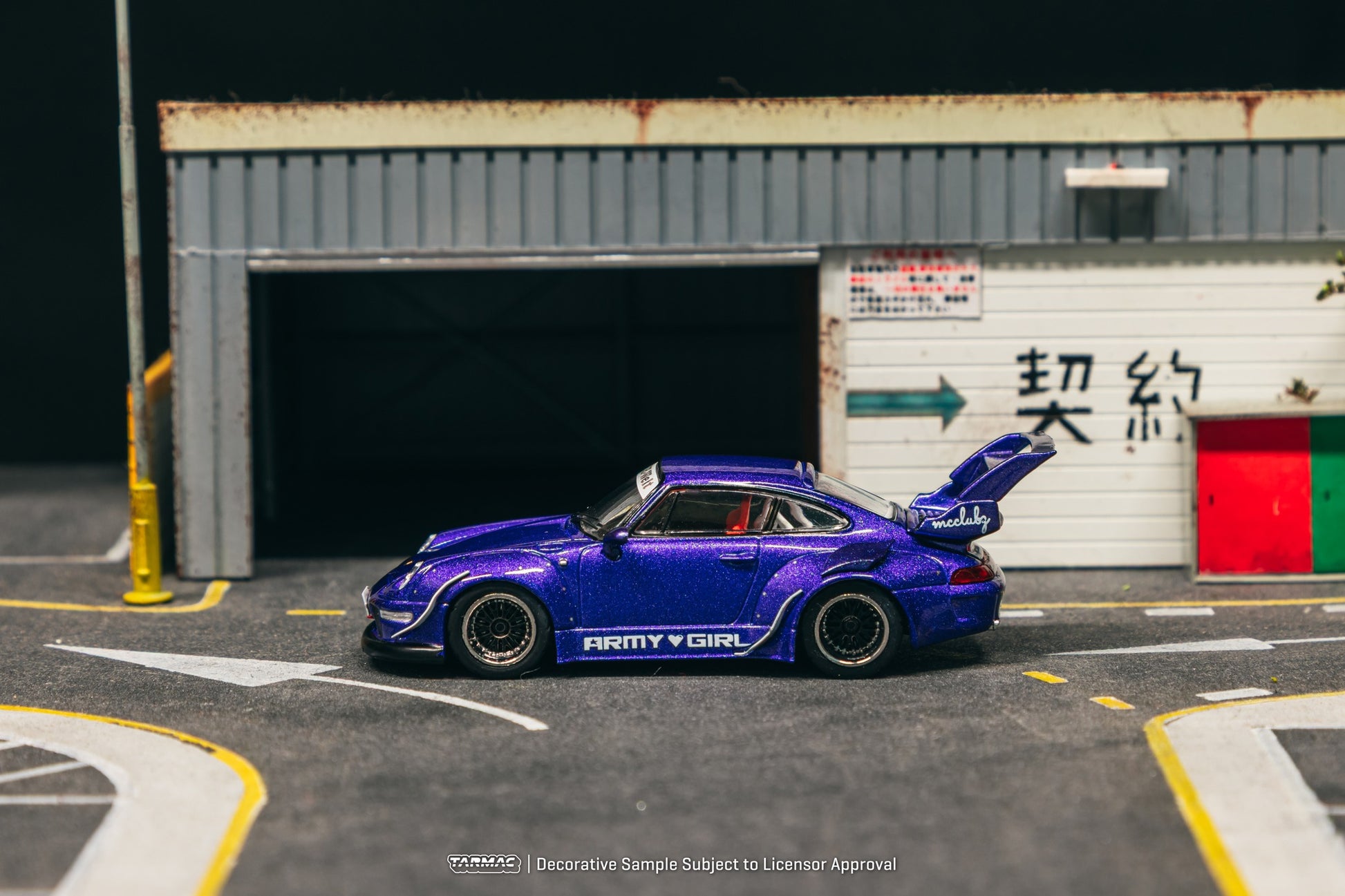 1:64 scale Tarmac Works RWB Porsche 993 Army Girl in metallic purple with wide-body kit. Side