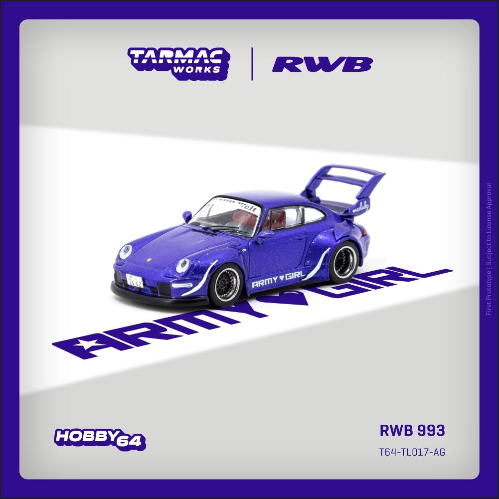 1:64 scale Tarmac Works RWB Porsche 993 Army Girl in metallic purple with wide-body kit.