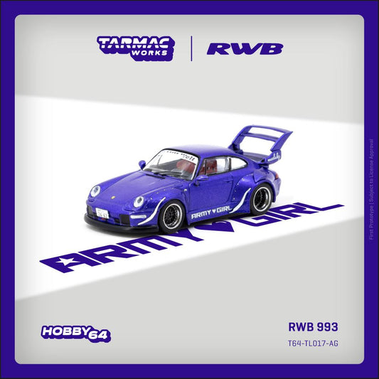 1:64 scale Tarmac Works RWB Porsche 993 Army Girl in metallic purple with wide-body kit.