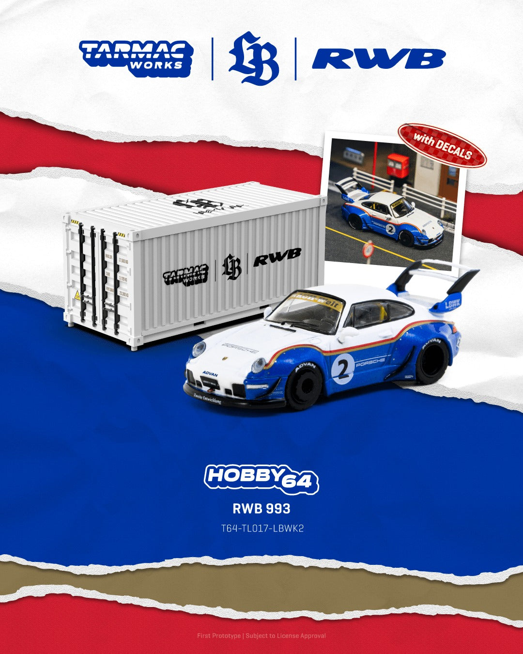 Tarmac Works RWB 993 #2 Liberty Walk 1:64 scale model car with container and decal set. Poster