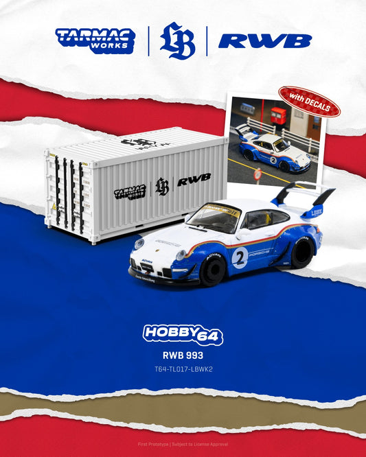 Tarmac Works RWB 993 #2 Liberty Walk 1:64 scale model car with container and decal set. Poster
