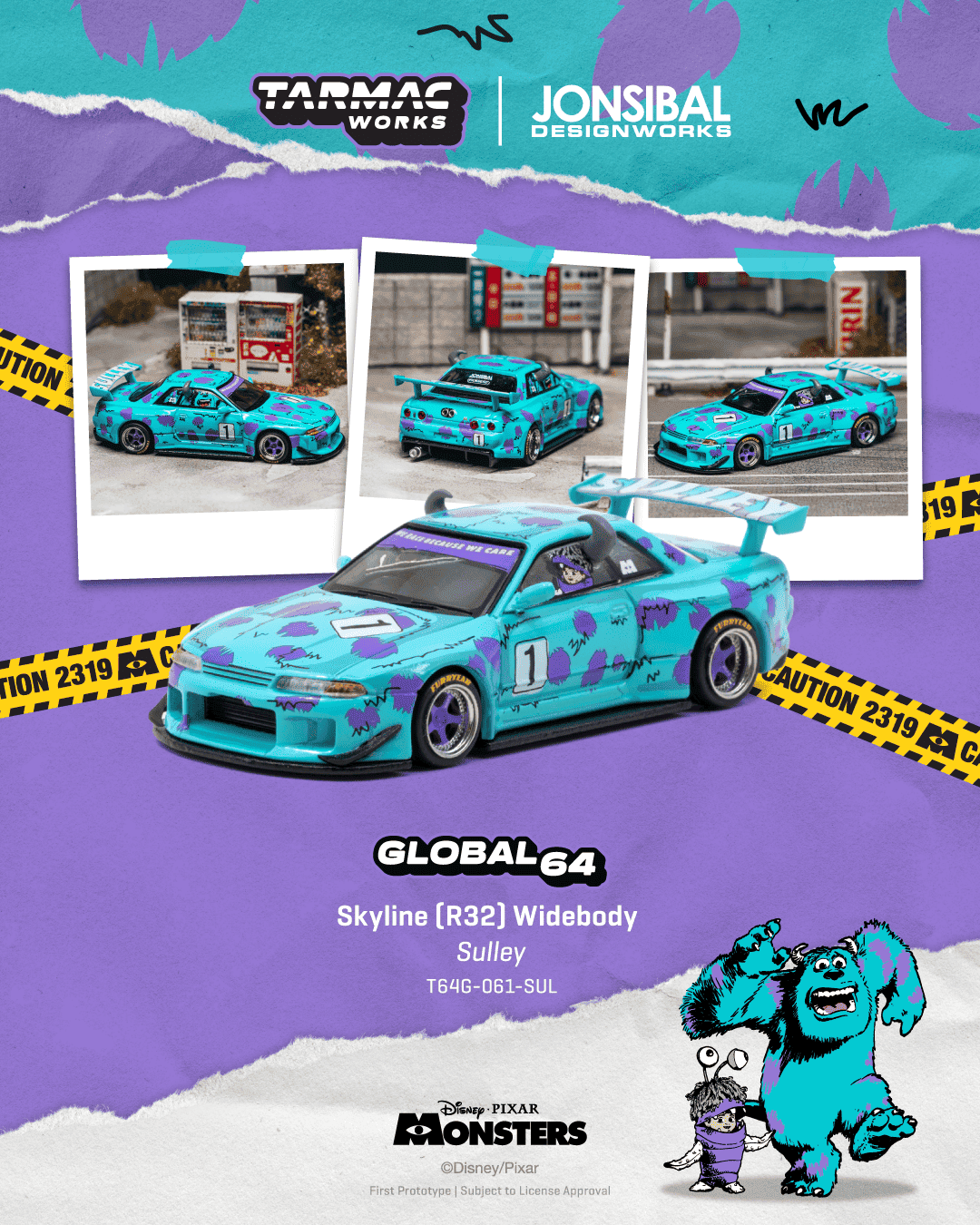 Tarmac Works Global64 Nissan Skyline R32 Widebody designed by Jon Sibal with Sulley-inspired graphics in 1:64 scale