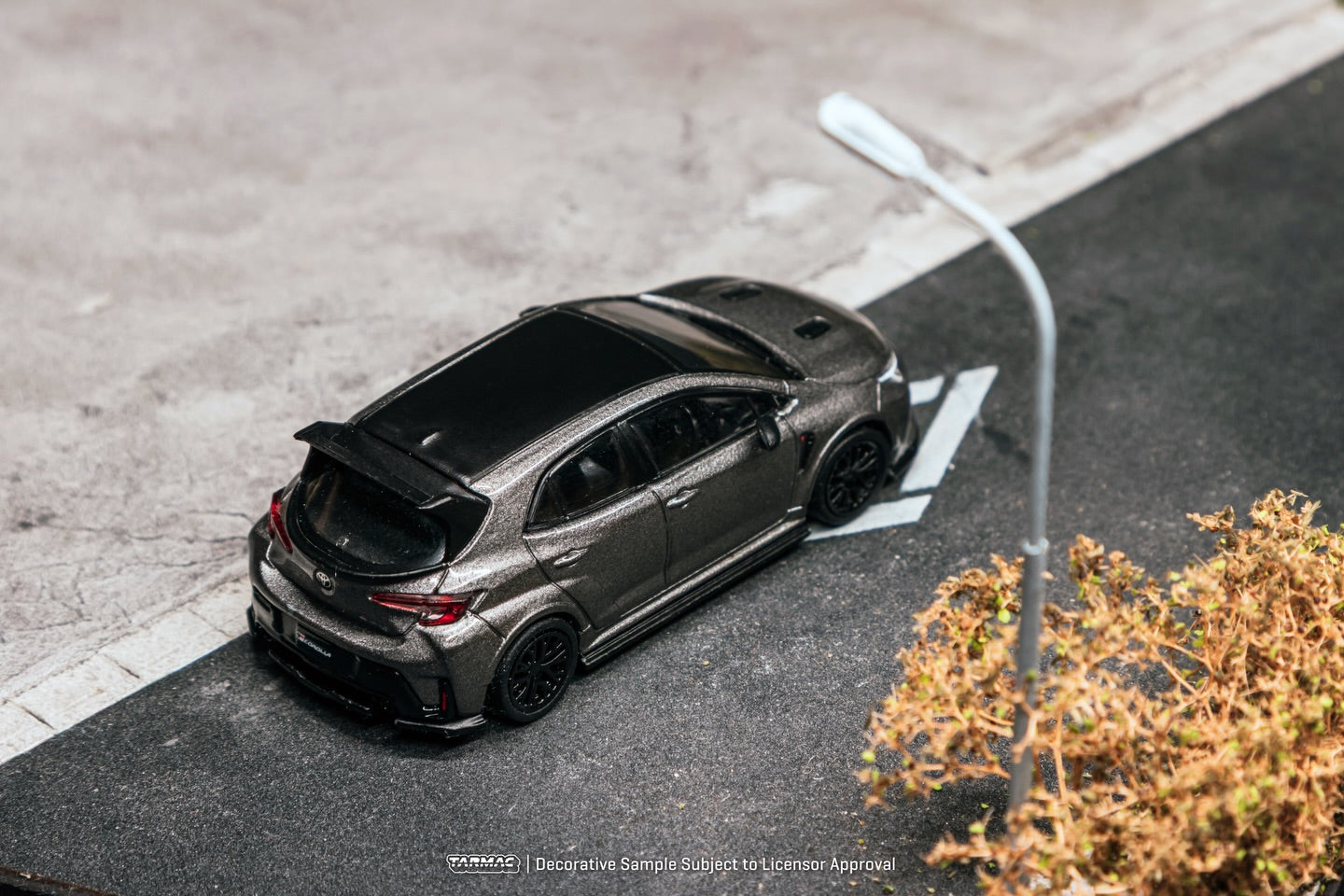 Tarmac Works Toyota GR Corolla grey aero oil can packaging diecast 1:64. Top