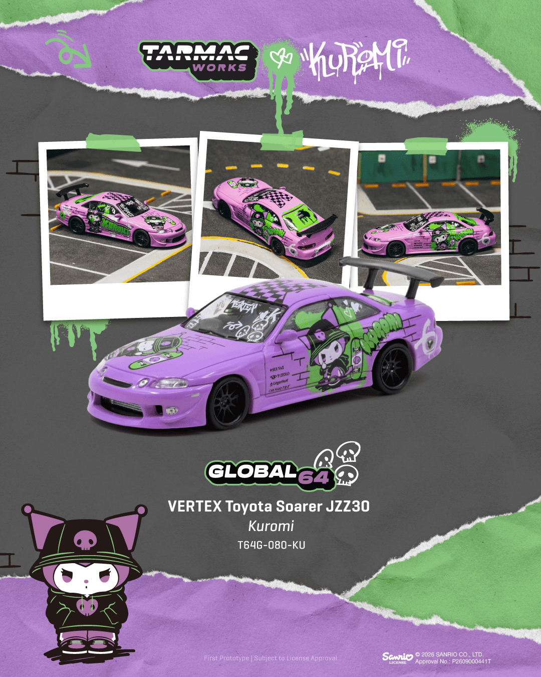 Tarmac Works Global64 Toyota Soarer JZZ30 Vertex Kuromi edition in 1:64 scale with character-themed graphics