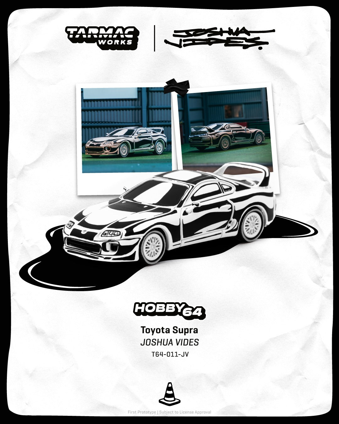 1:64 Tarmac Works Toyota Supra Joshua Vides Hobby64 – black and white comic-style die-cast model.