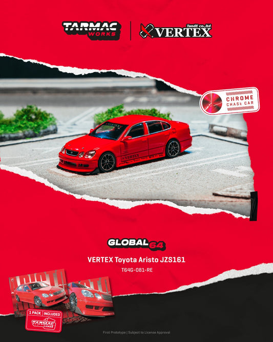 1:64 Tarmac Works VERTEX Toyota Aristo JZS161 Red – die-cast model with trading cards combo set.