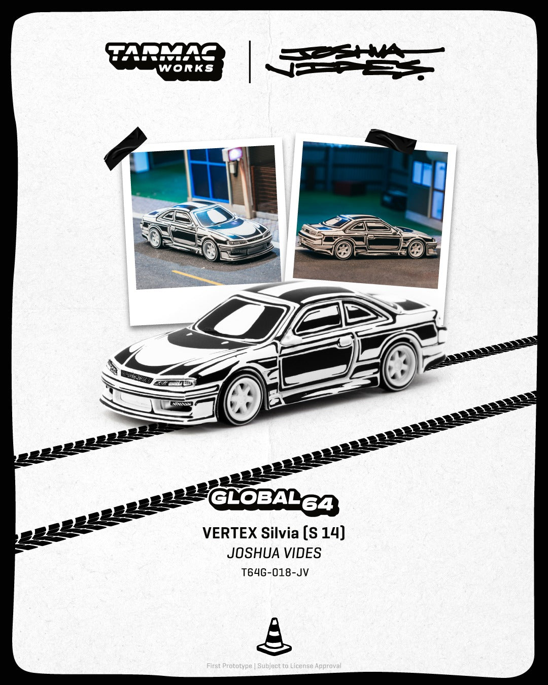 1:64 Tarmac Works Nissan Silvia S14 Joshua Vides Global64 – black and white comic-style die-cast model.