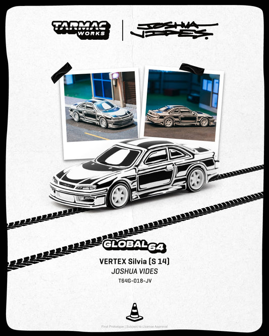1:64 Tarmac Works Nissan Silvia S14 Joshua Vides Global64 – black and white comic-style die-cast model.