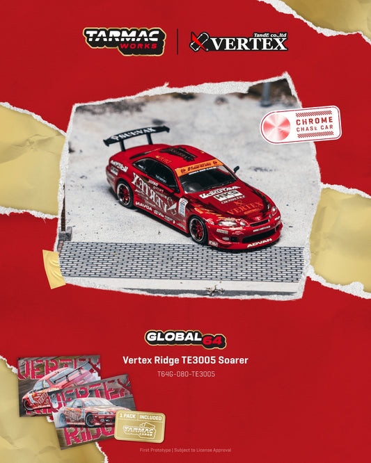 1:64 Tarmac Works Vertex Ridge TE3005 Soarer in red, widebody kit, detailed wheels and lights, part of a Combo Set with collectible trading cards. Poster