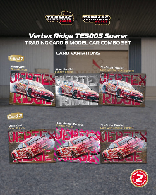 1:64 Tarmac Works Vertex Ridge TE3005 Soarer in red, widebody kit, detailed wheels and lights, part of a Combo Set with collectible trading cards. Cards