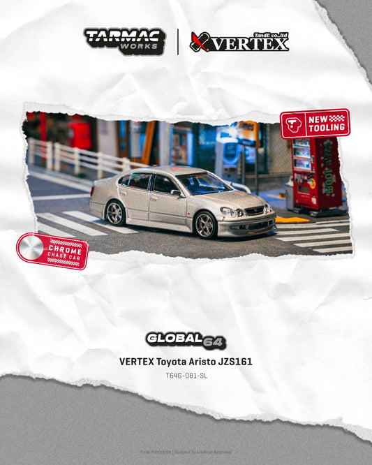 1:64 scale Tarmac Works Vertex Toyota Aristo JZS161, new tooling featuring Vertex aero kit, detailed headlights, wheels, and authentic VIP-style stance. Poster