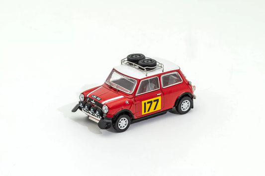 Tiny 1:64 Morris Mini Cooper S 1967 Rallye Monte Carlo rally diecast model car. Front