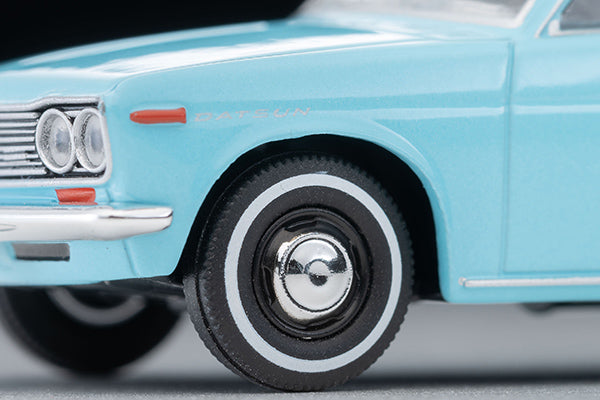 Tomica Limited Vintage 1969 Datsun 510 2-Door Sedan US Spec in Light Blue, detailed 1:64 die-cast model.