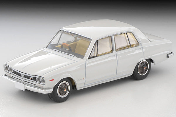 Tomica Limited Vintage 1972 Nissan Skyline 2000 GT-X four-door sedan in White, detailed Hakosuka 1:64 model.