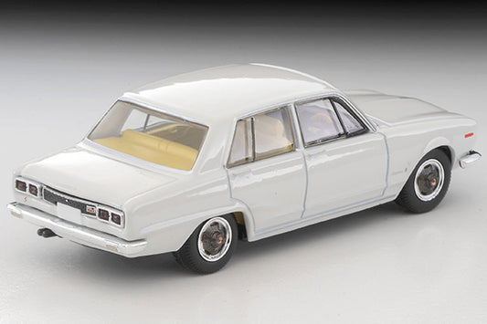 Tomica Limited Vintage 1972 Nissan Skyline 2000 GT-X four-door sedan in White, detailed Hakosuka 1:64 model.