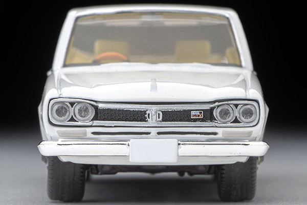 Tomica Limited Vintage 1972 Nissan Skyline 2000 GT-X four-door sedan in White, detailed Hakosuka 1:64 model.