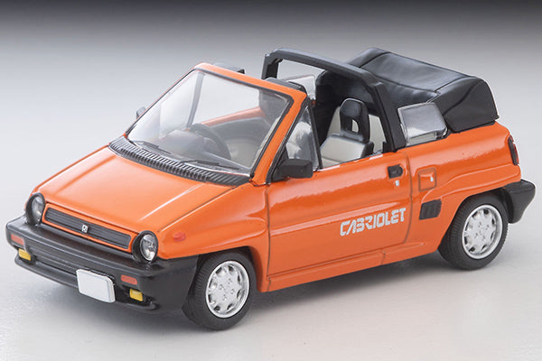 Tomica Limited Vintage NEO 1984 Honda City Cabriolet in orange, 1:64 scale with detailed open body and interior
