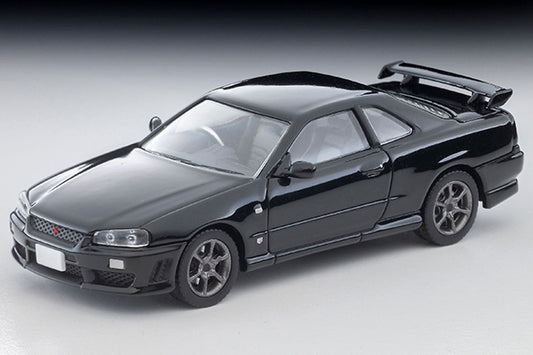 Tomica Limited Vintage 2000 Nissan Skyline 25GT Turbo ER34 in Black with interchangeable exterior parts and rear spoiler options.