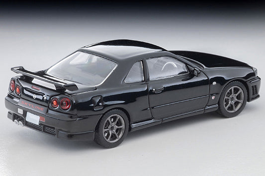 Tomica Limited Vintage 2000 Nissan Skyline 25GT Turbo ER34 in Black with interchangeable exterior parts and rear spoiler options.