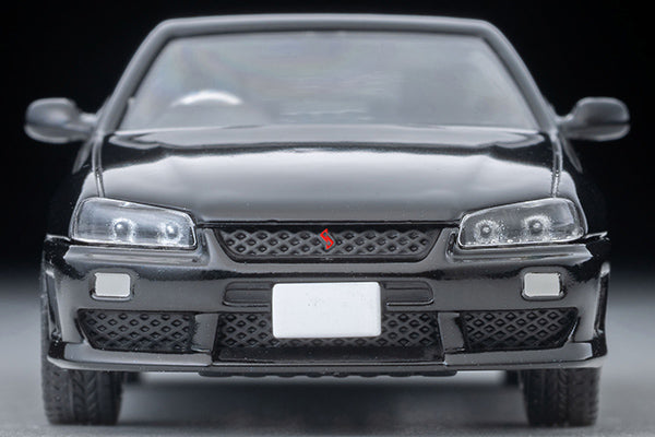 Tomica Limited Vintage 2000 Nissan Skyline 25GT Turbo ER34 in Black with interchangeable exterior parts and rear spoiler options.
