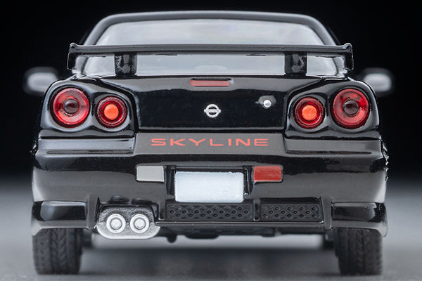 Tomica Limited Vintage 2000 Nissan Skyline 25GT Turbo ER34 in Black with interchangeable exterior parts and rear spoiler options.