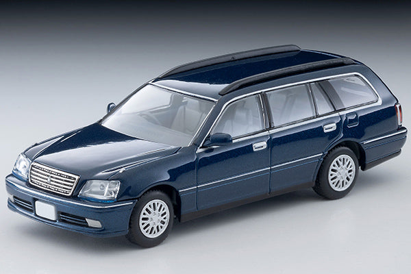 Tomica Limited Vintage 2000 Toyota Crown Estate Royal Saloon in navy blue with detailed front grille and headlights.