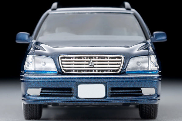 Tomica Limited Vintage 2000 Toyota Crown Estate Royal Saloon in navy blue with detailed front grille and headlights.