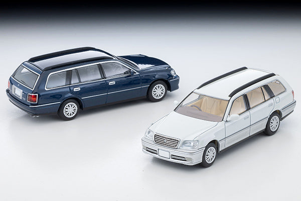 Tomica Limited Vintage 2000 Toyota Crown Estate Royal Saloon in navy blue with detailed front grille and headlights.