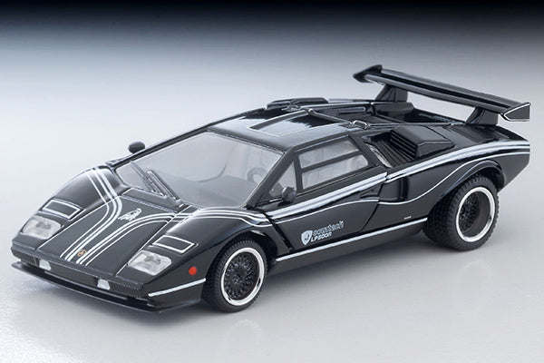 Tomica Limited Vintage Lamborghini Countach LP500R in black with white stripes, 1:64 scale and opening doors