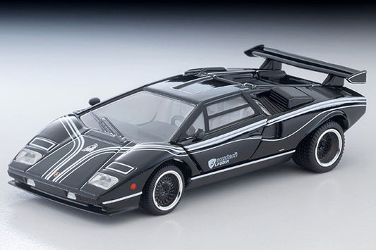 Tomica Limited Vintage Lamborghini Countach LP500R in black with white stripes, 1:64 scale and opening doors