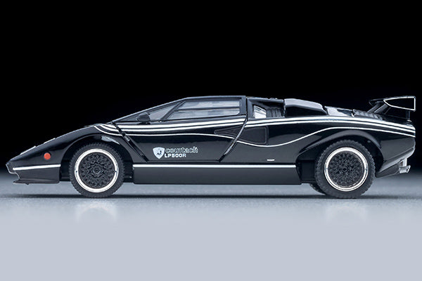 Tomica Limited Vintage Lamborghini Countach LP500R in black with white stripes, 1:64 scale and opening doors