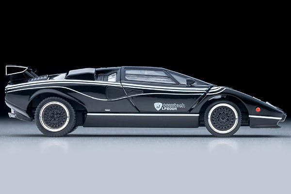 Tomica Limited Vintage Lamborghini Countach LP500R in black with white stripes, 1:64 scale and opening doors