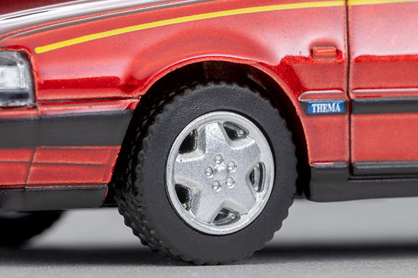 Tomica Limited Vintage Lancia Thema 8.32 Phase II in metallic red with opening hood and detailed V8 engine.