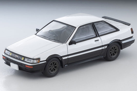 Tomica Limited Vintage Toyota Corolla Levin AE86 GT-APEX in White and Black with RS Watanabe eight-spoke wheels.
