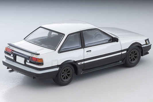 Tomica Limited Vintage Toyota Corolla Levin AE86 GT-APEX in White and Black with RS Watanabe eight-spoke wheels.