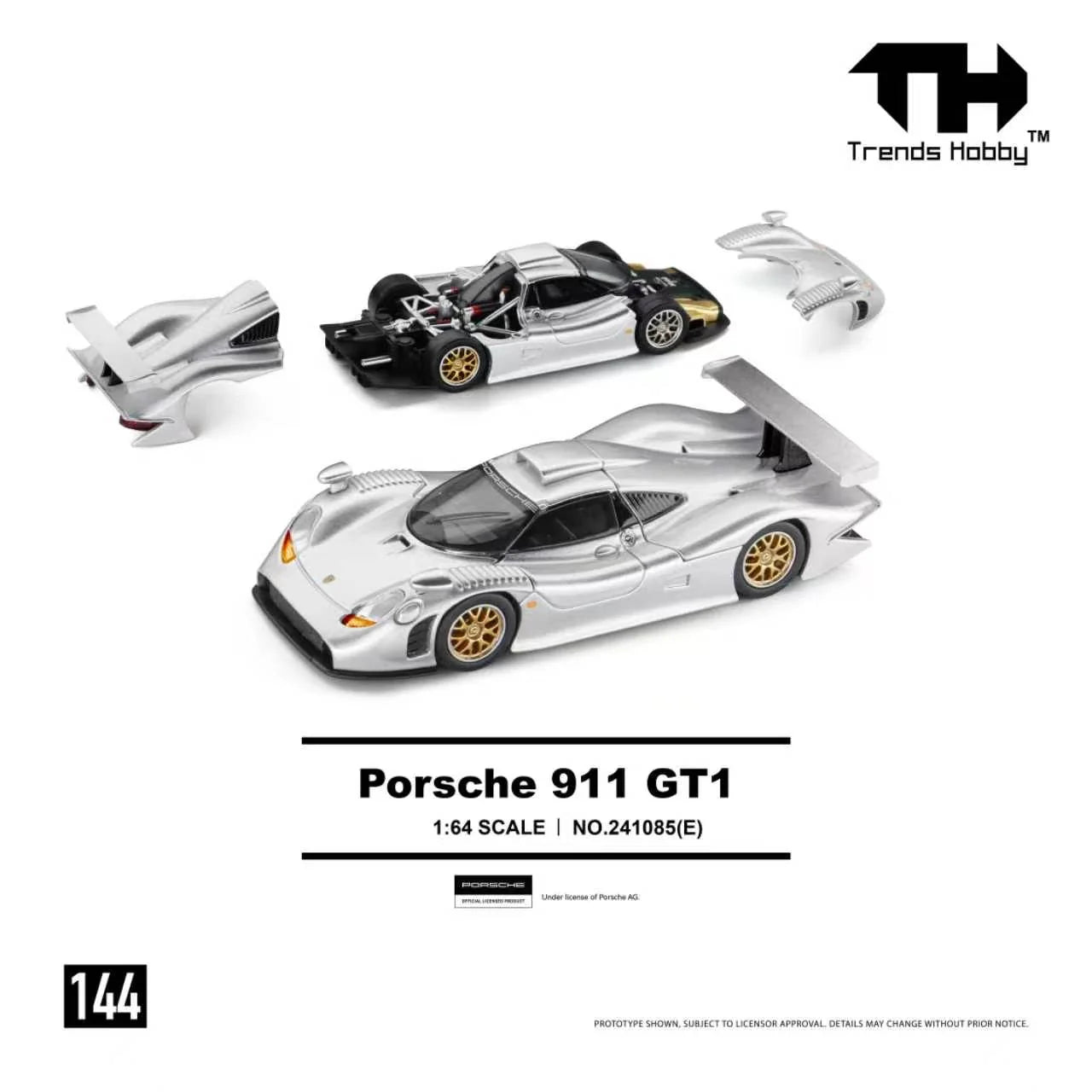 Trends Hobby 1998 Porsche 911 GT1 in Silver with removable front hood and rear hatch.