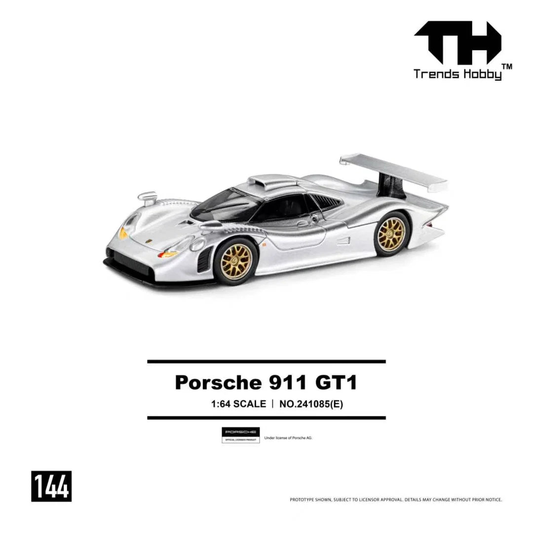 Trends Hobby 1998 Porsche 911 GT1 in Silver with removable front hood and rear hatch.