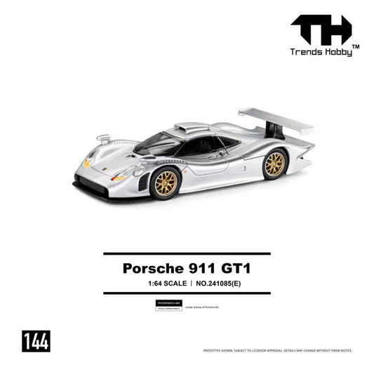 Trends Hobby 1998 Porsche 911 GT1 in Silver with removable front hood and rear hatch.