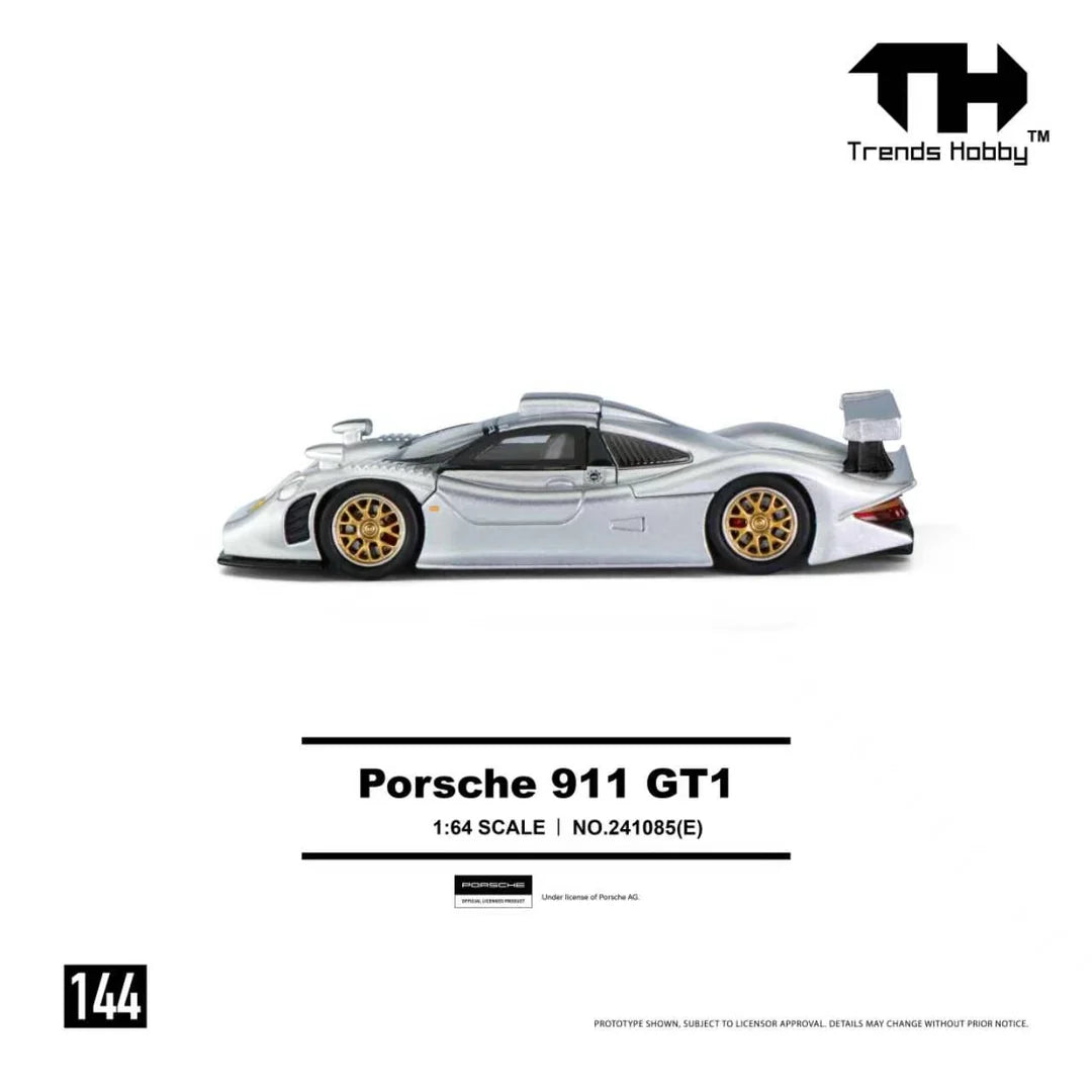 Trends Hobby 1998 Porsche 911 GT1 in Silver with removable front hood and rear hatch.
