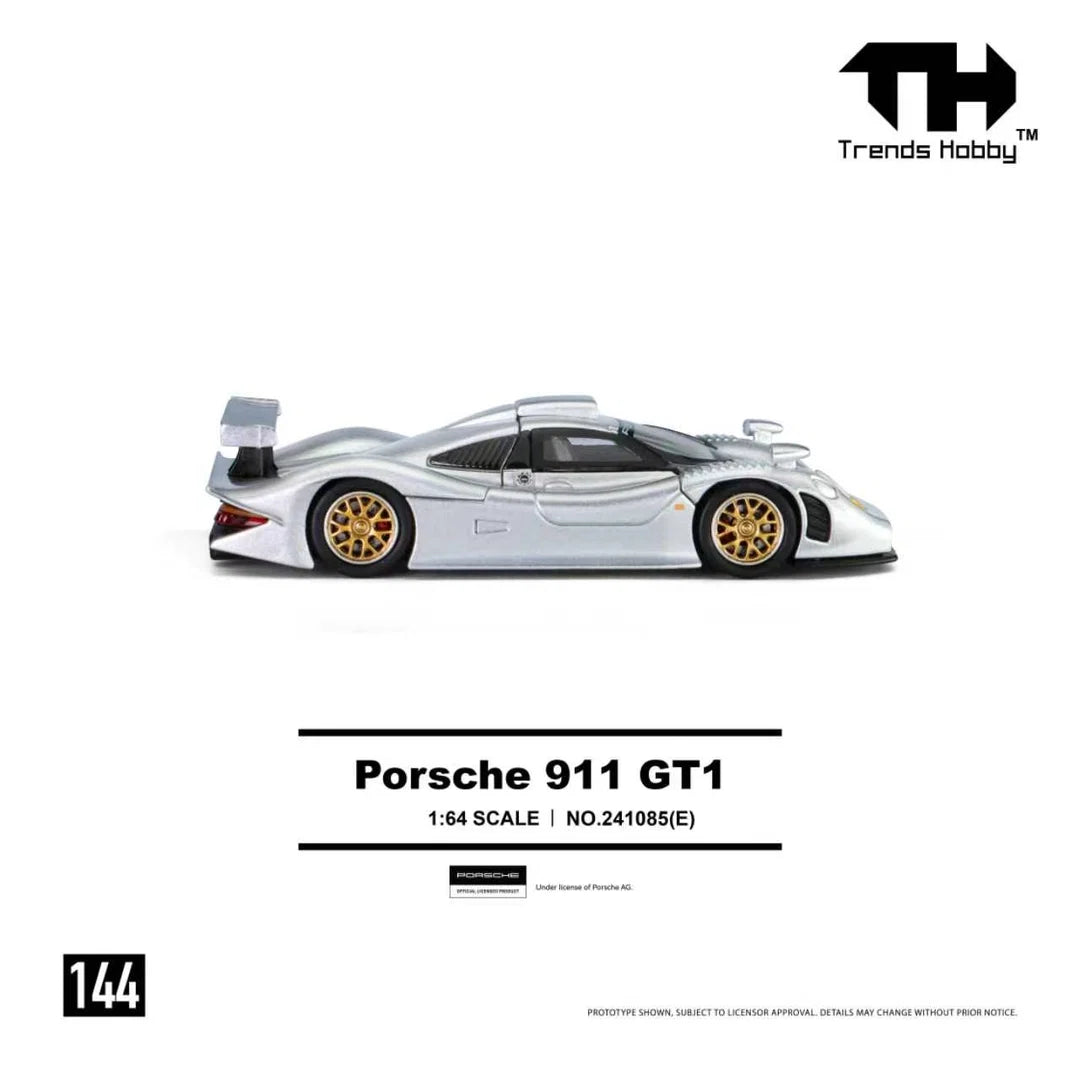 Trends Hobby 1998 Porsche 911 GT1 in Silver with removable front hood and rear hatch.
